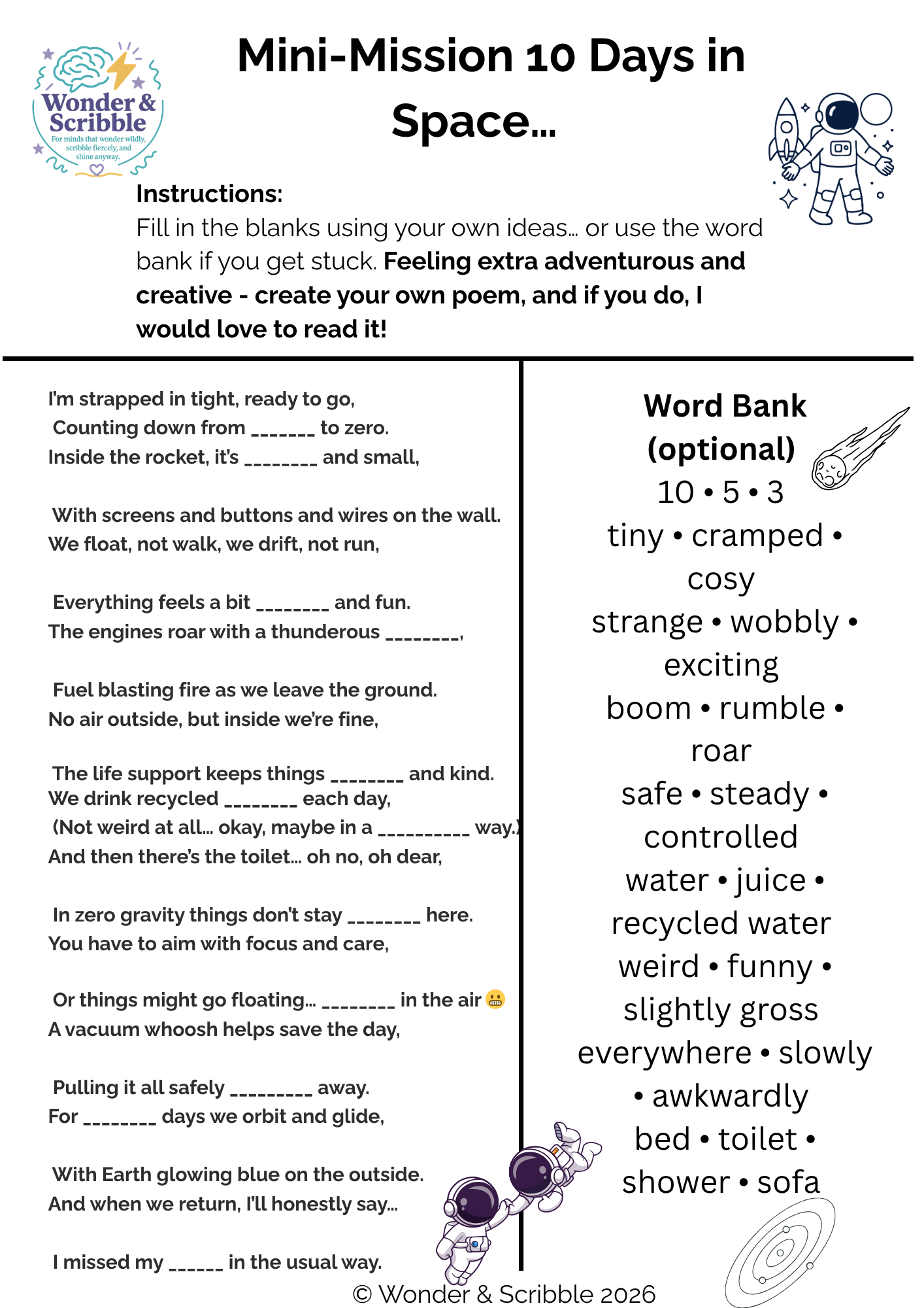 Freebie - Artemis II Spacecraft Poetry Activity -